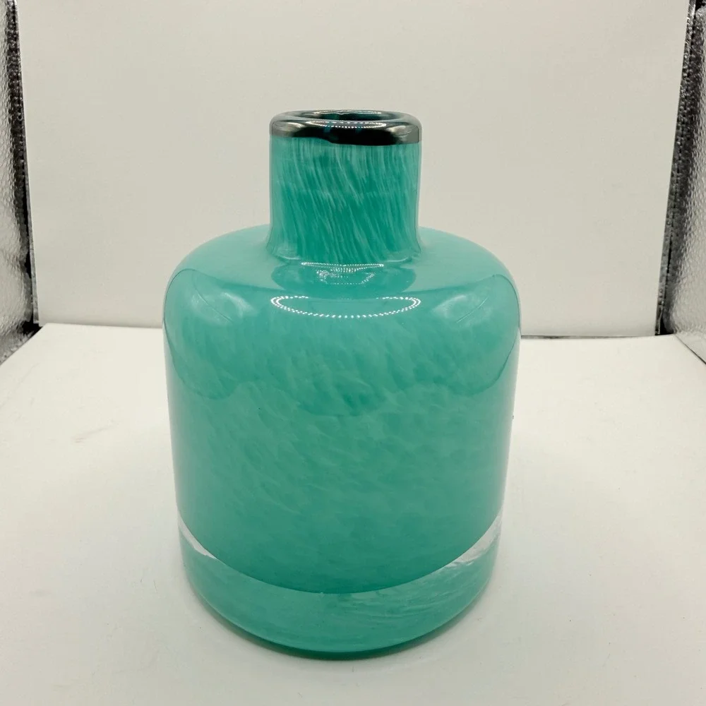Hand-Blown Glass Vase‎ Home Decor Medium Turquoise Swirl Silver Rim Modern